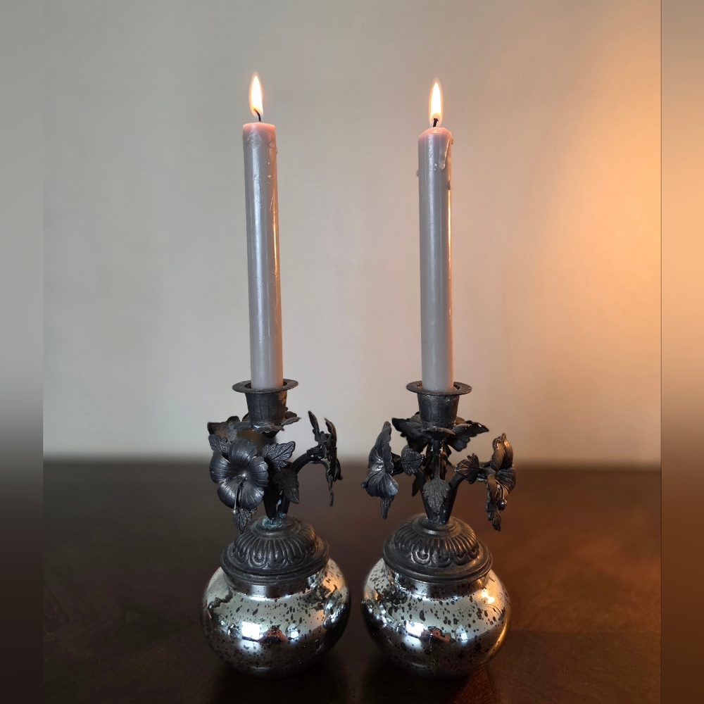 Mercury Glass Candlestick Holders/Metal Sculptured Flowers/Silver Glass/Floral